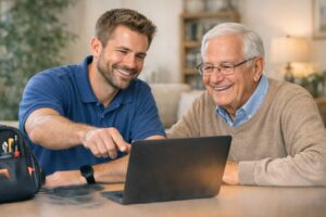 Young computer technician helping an older customer on their laptop
