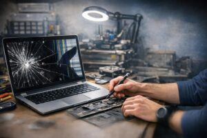 Broken laptop screen in a computer shop with a technicians arms in frame fixing something