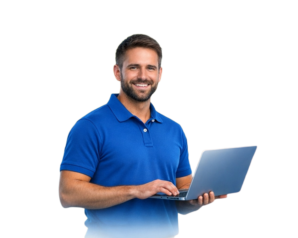 computer tech holding laptop wearing a blue collared shirt